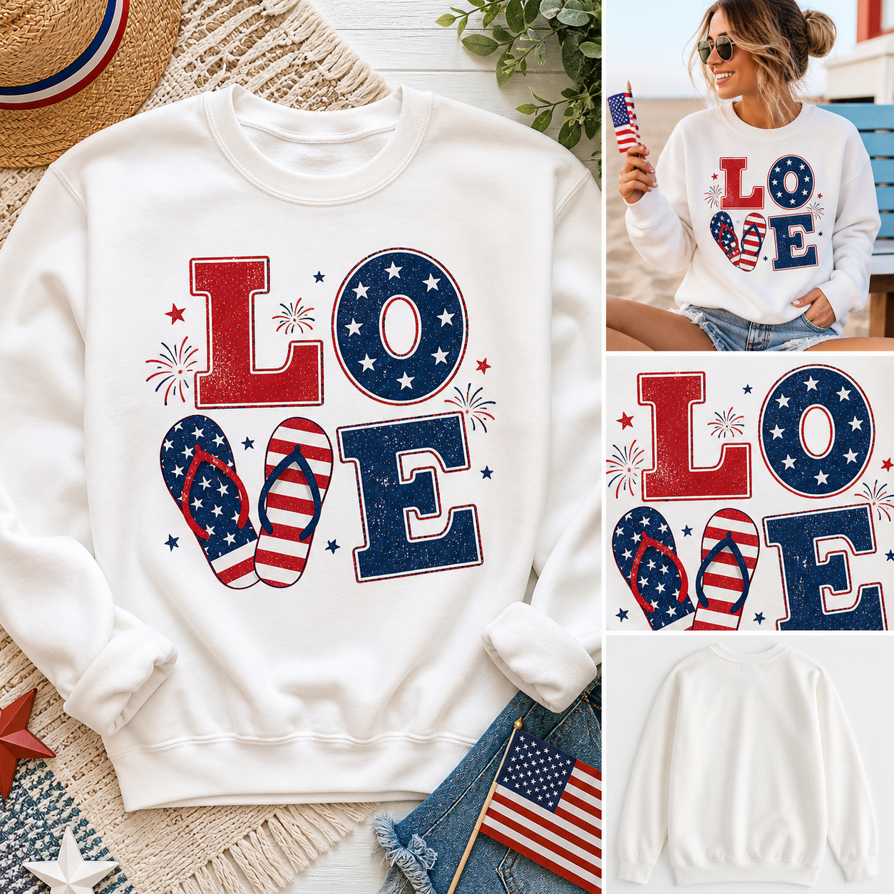 Patriotic LOVE Crewneck Sweatshirt — Americana Flag Donut & Heart Design
