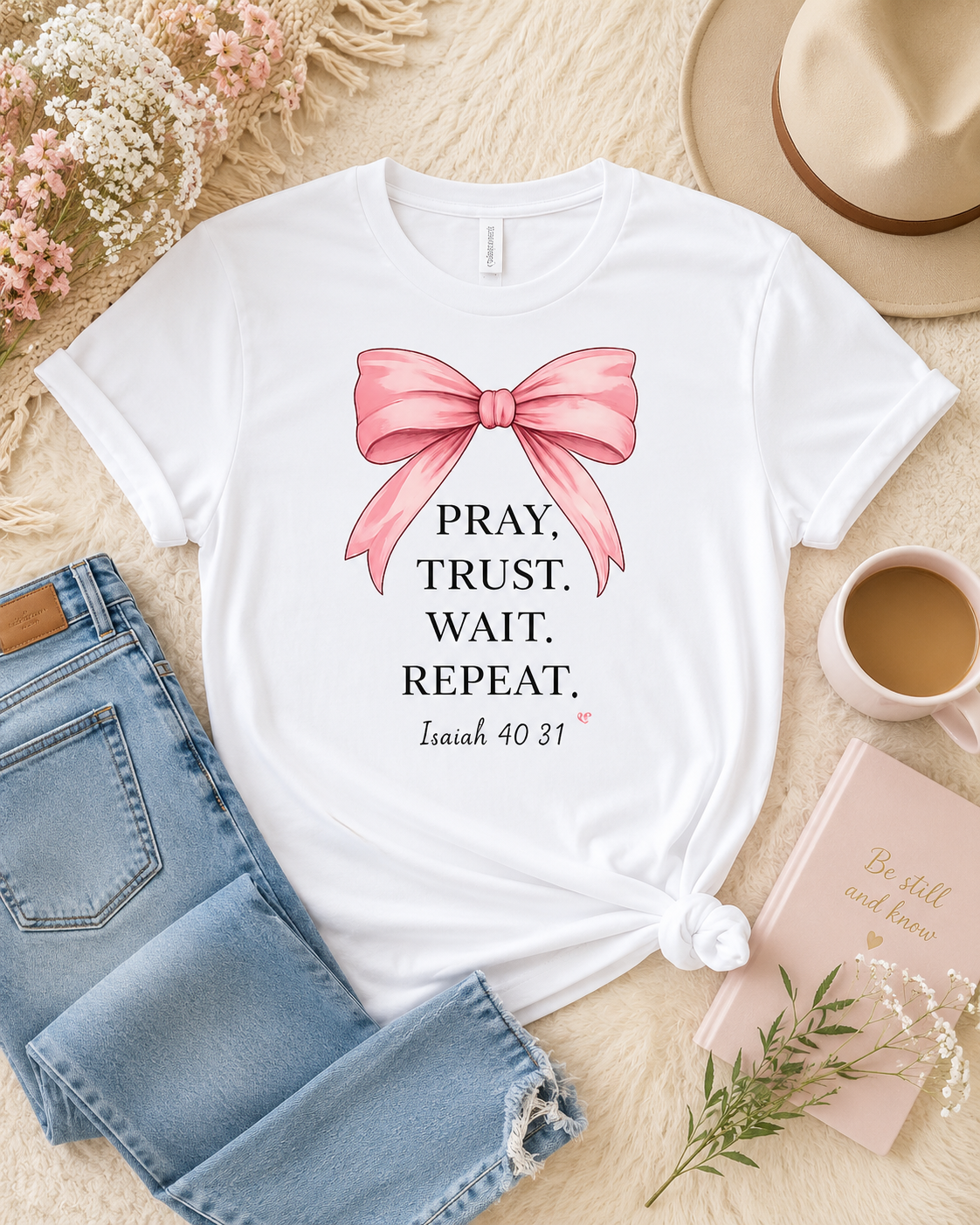 Pray Trust Wait Repeat Tee — Isaiah 40:31 Christian Inspirational T‑Shirt
