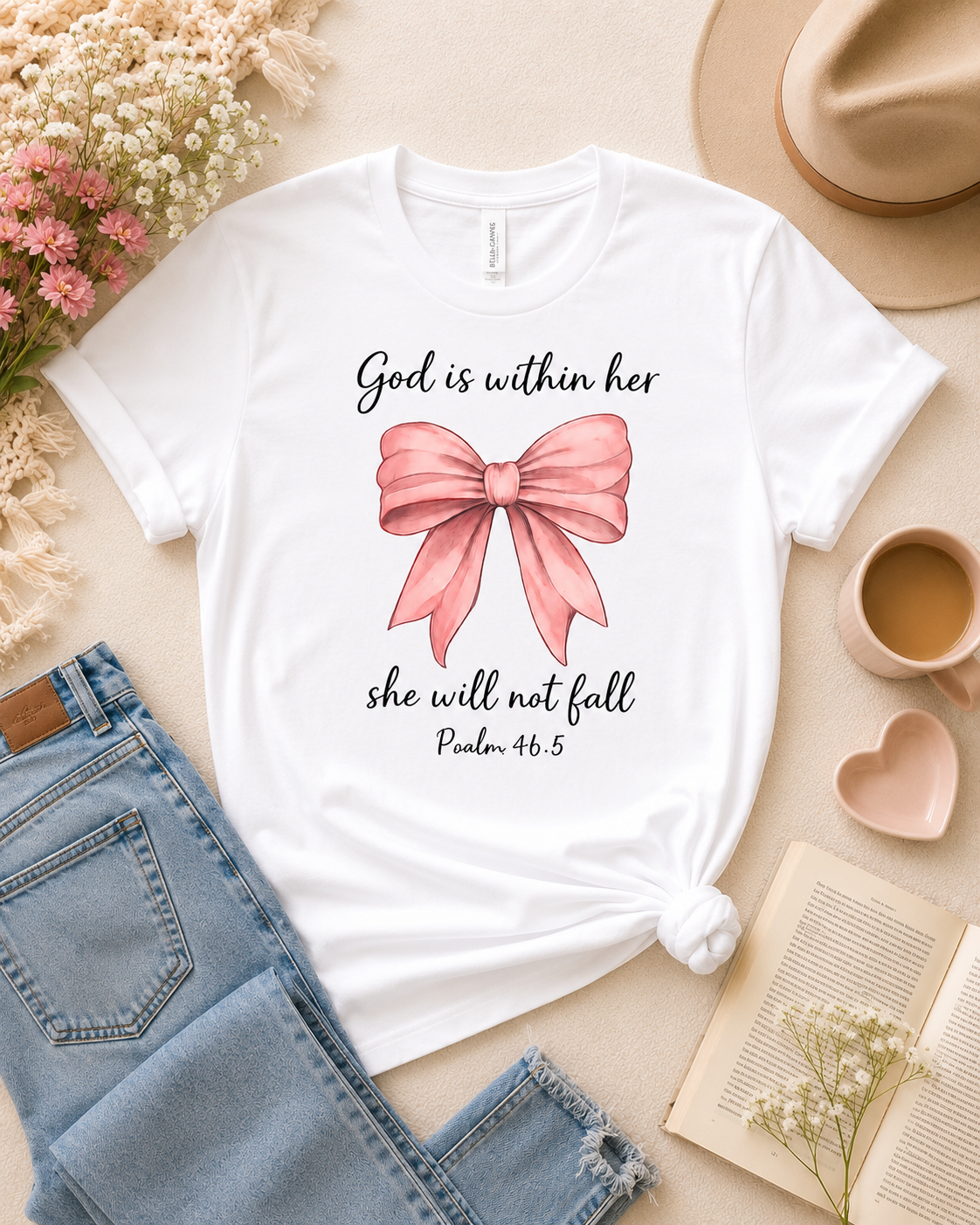 God Is Within Her T-Shirt – Pink Bow Psalm 46:5 Christian Tee