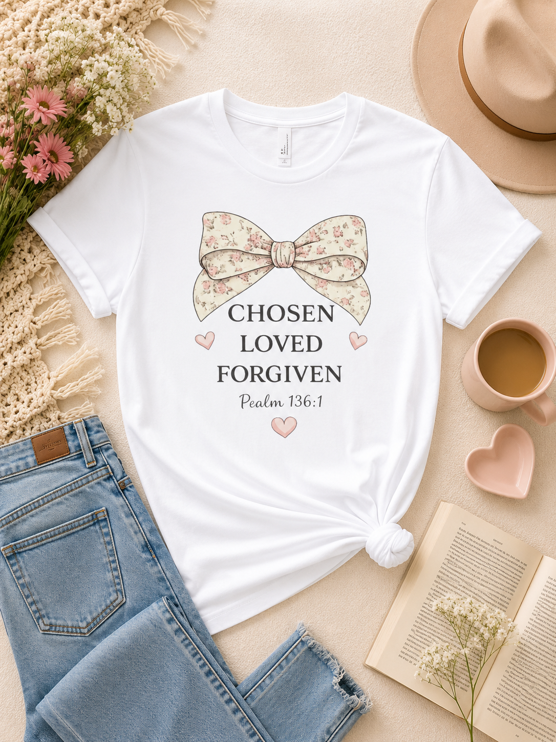 Christian Tee — "Chosen Loved Forgiven" Psalm 136:1 Floral Bow T‑Shirt