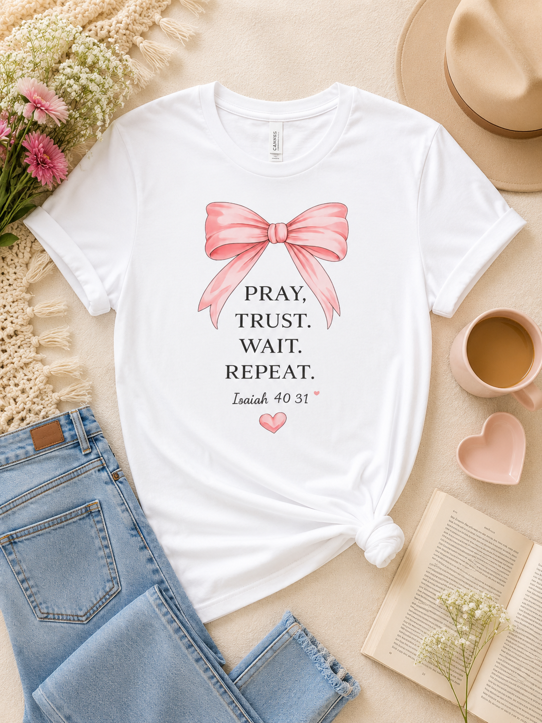 Prayer Tee — "Pray. Trust. Wait. Repeat." Inspirational Christian T-Shirt with Pink Bow (Isaiah 40:31)